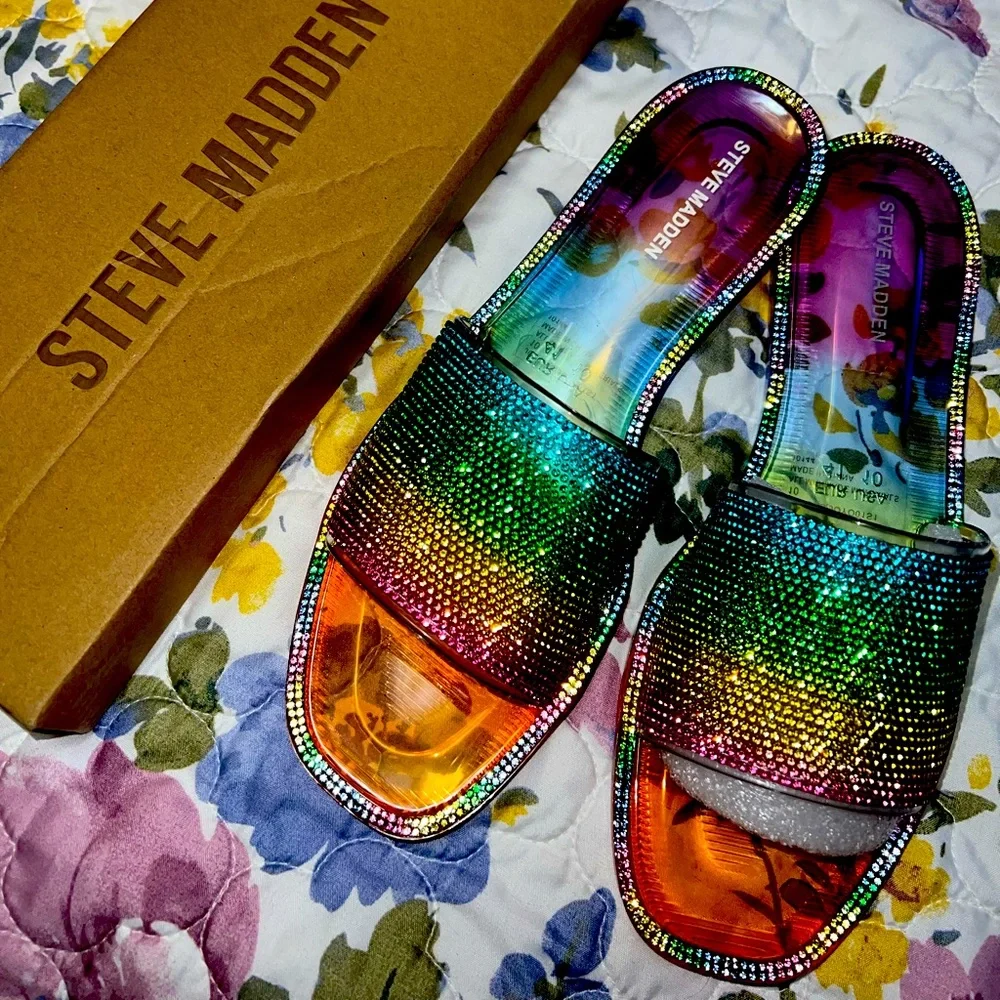 Rainbow Rhinestone Slide Sandals - Picture 1 of 10